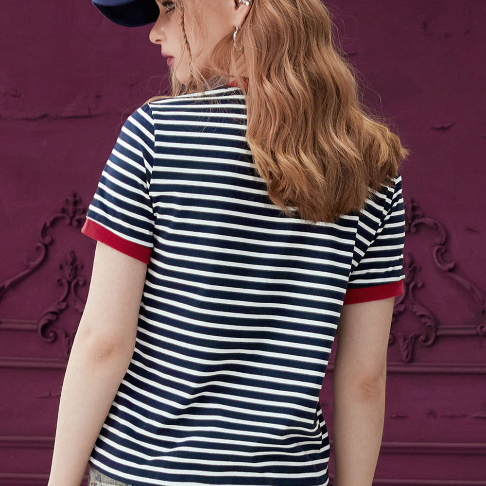 
                  
                    ELFSACK Striped contrasting short sleeved t-shirt for women's 2024 spring new college style chic small top
                  
                