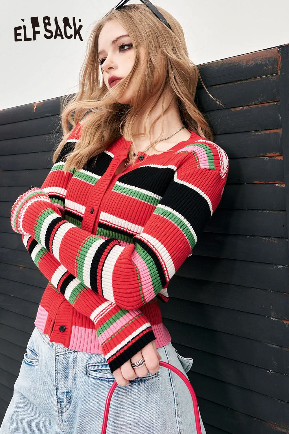 ELFSACK simple red stripe knitwear spring thin slim office style button front cropped cardigan