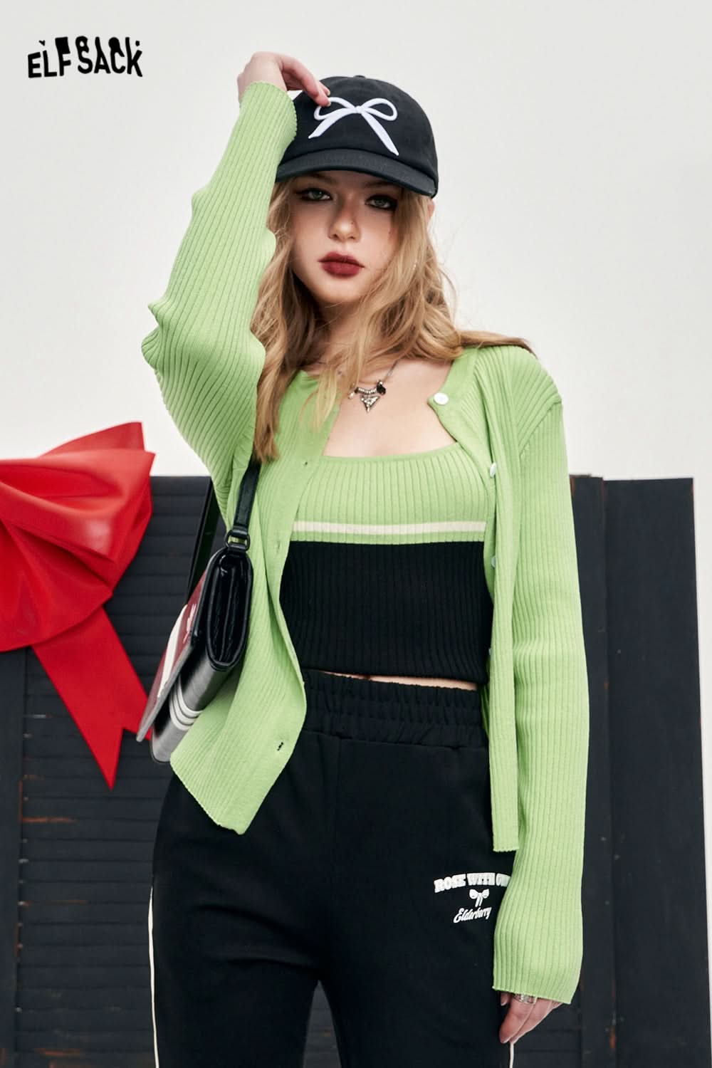 ELFSACK two pieces knitwear suit color block regular knit cardigan slim energetic color knit coat