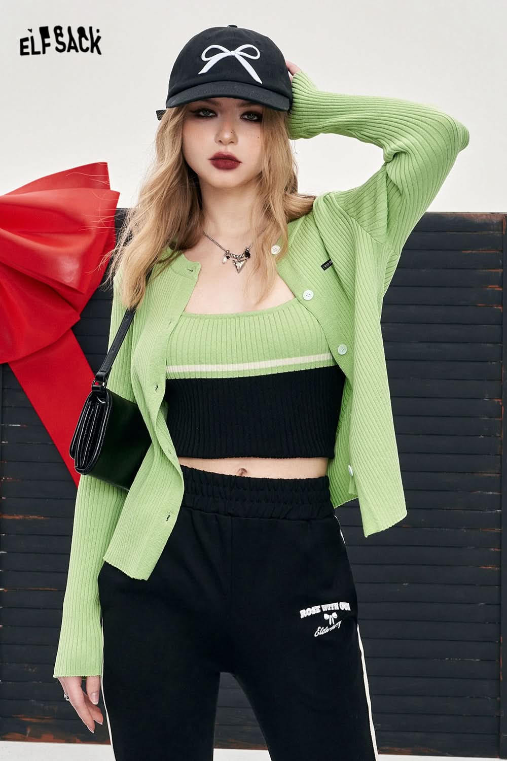 ELFSACK two pieces knitwear suit color block regular knit cardigan slim energetic color knit coat