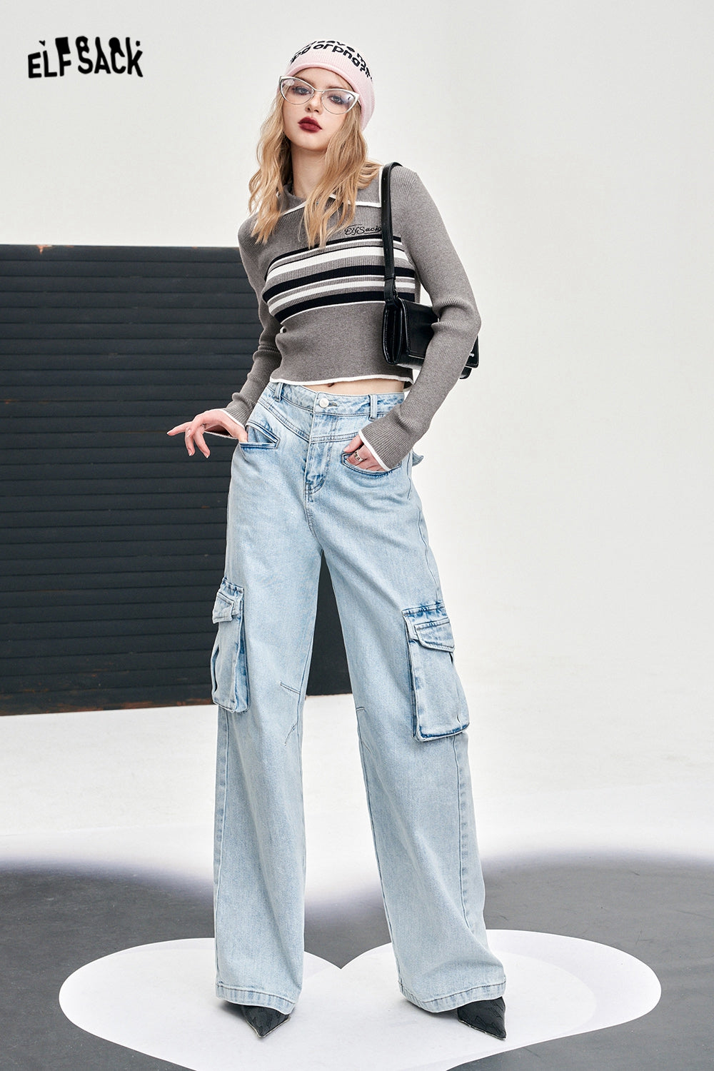 ELFSACK grey hollow alphabet printing lapel women's knitwears thin versatile pullover cropped tops academic style fashion tops