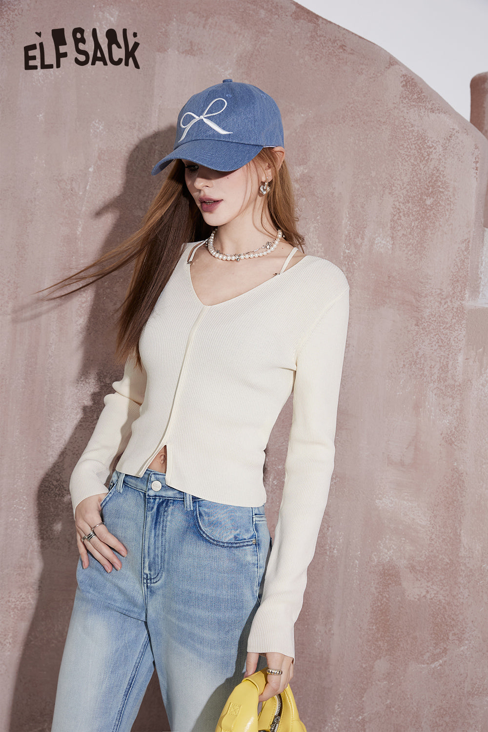 ELFSACK v-neck slim hollow cropprd top knitwear spring office style solid color crew neck long sleeve hot girl pullovers top
