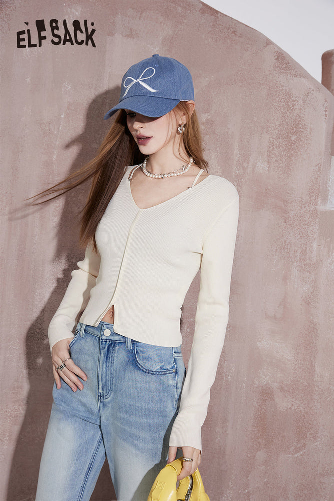 
                  
                    ELFSACK v-neck slim hollow cropprd top knitwear for women 2024 spring new office style solid color crew neck long sleeve hot girl pullovers top
                  
                