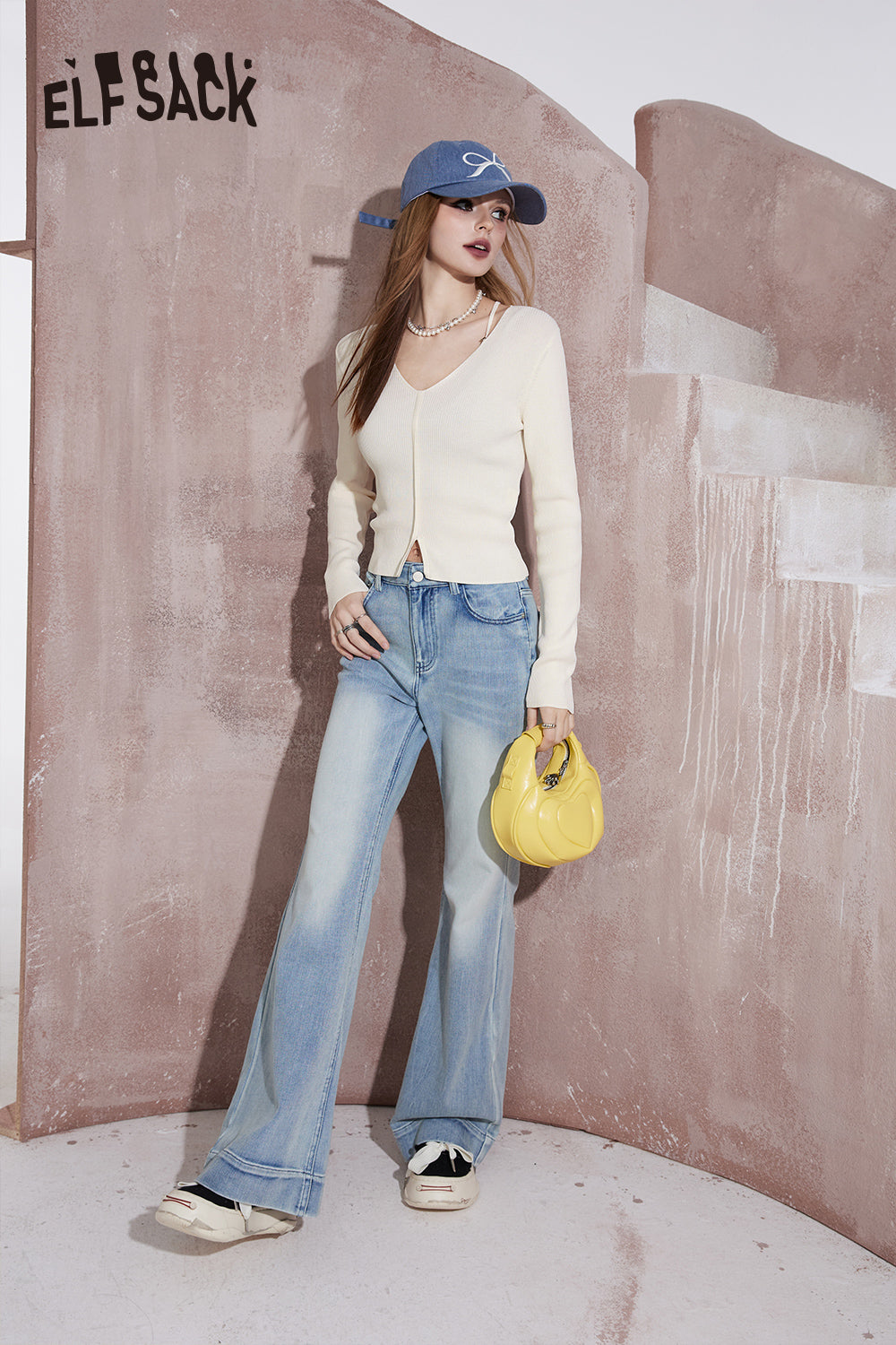 ELFSACK v-neck slim hollow cropprd top knitwear spring office style solid color crew neck long sleeve hot girl pullovers top