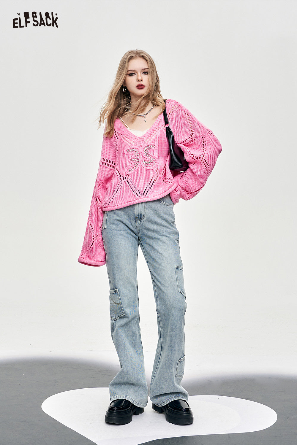 ELFSACK sweet pink v-neck hollow knitwear spring solid color pullover loose long sleeve soft top