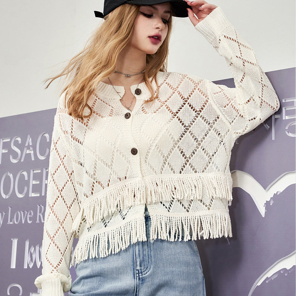 ELFSACK French style sweet tassel knitwear cropped cardigan for women 2024 spring new hollow button knitwear long sleeve cropped soft top