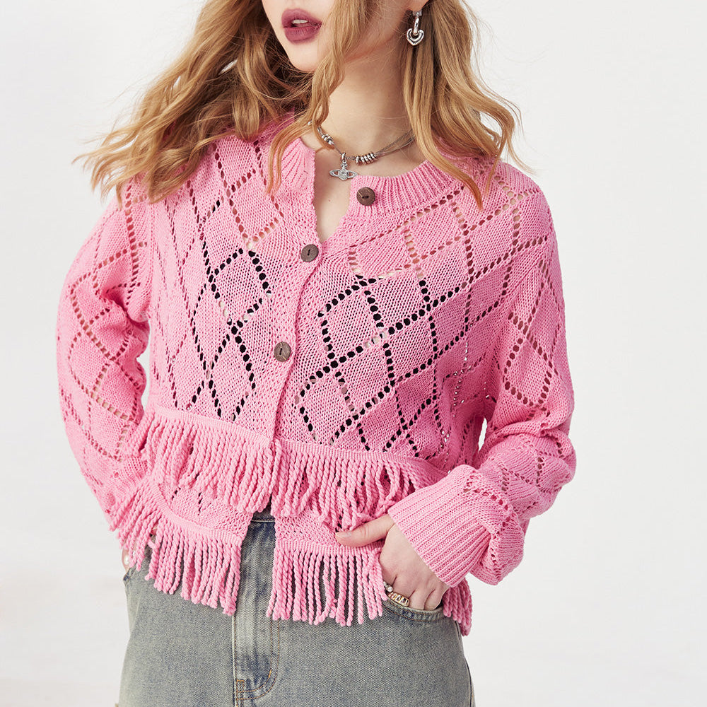 
                  
                    ELFSACK French style sweet tassel knitwear cropped cardigan for women 2024 spring new hollow button knitwear long sleeve cropped soft top
                  
                