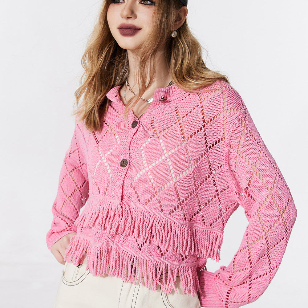 
                  
                    ELFSACK French style sweet tassel knitwear cropped cardigan for women 2024 spring new hollow button knitwear long sleeve cropped soft top
                  
                