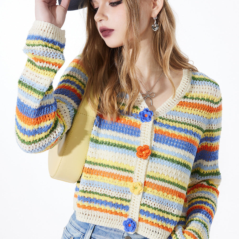 
                  
                    ELFSACK color block sweet style v-neck cardigan for women 2024 spring new colorful stripe knitwear thin designation top
                  
                