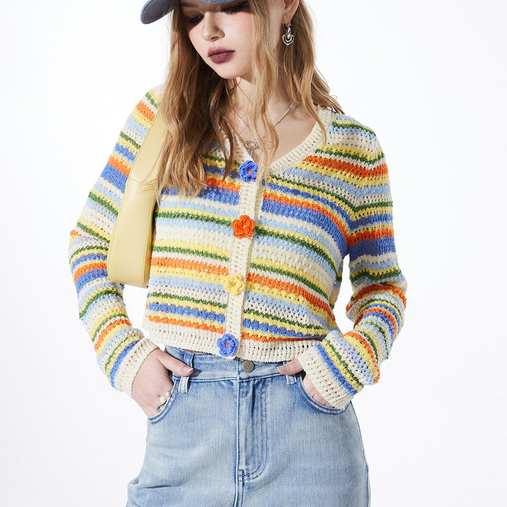 
                  
                    ELFSACK color block sweet style v-neck cardigan for women 2024 spring new colorful stripe knitwear thin designation top
                  
                