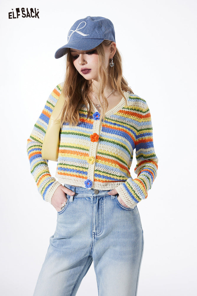 
                  
                    ELFSACK color block sweet style v-neck cardigan for women 2024 spring new colorful stripe knitwear thin designation top
                  
                