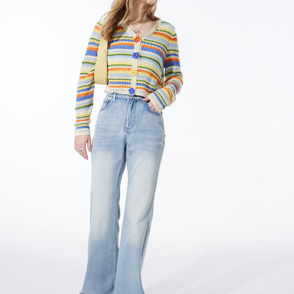 
                  
                    ELFSACK color block sweet style v-neck cardigan for women 2024 spring new colorful stripe knitwear thin designation top
                  
                