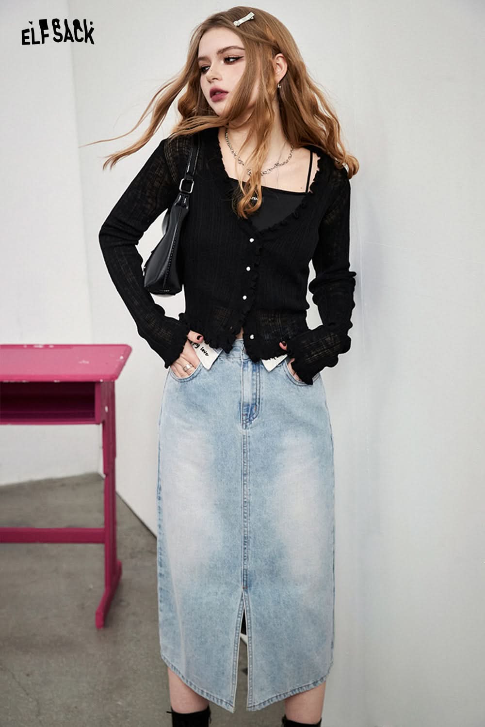 ELFSACK Women's Spring Korean Breathable Hollow out Design Cardigan with Wood Ear Edge Style