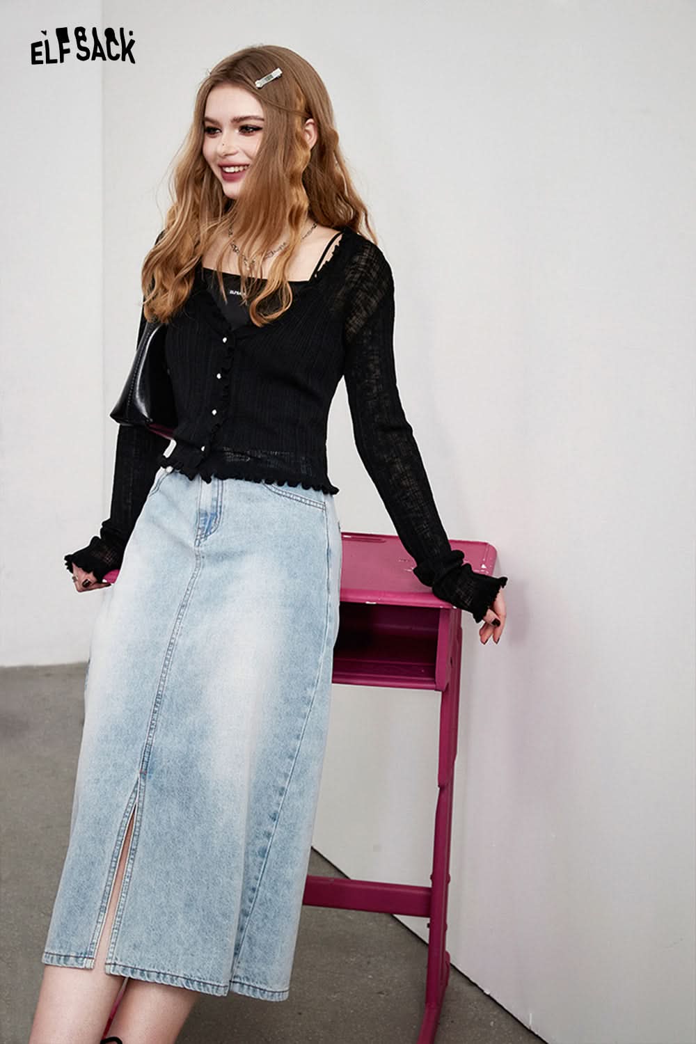 ELFSACK Women's Spring Korean Breathable Hollow out Design Cardigan with Wood Ear Edge Style