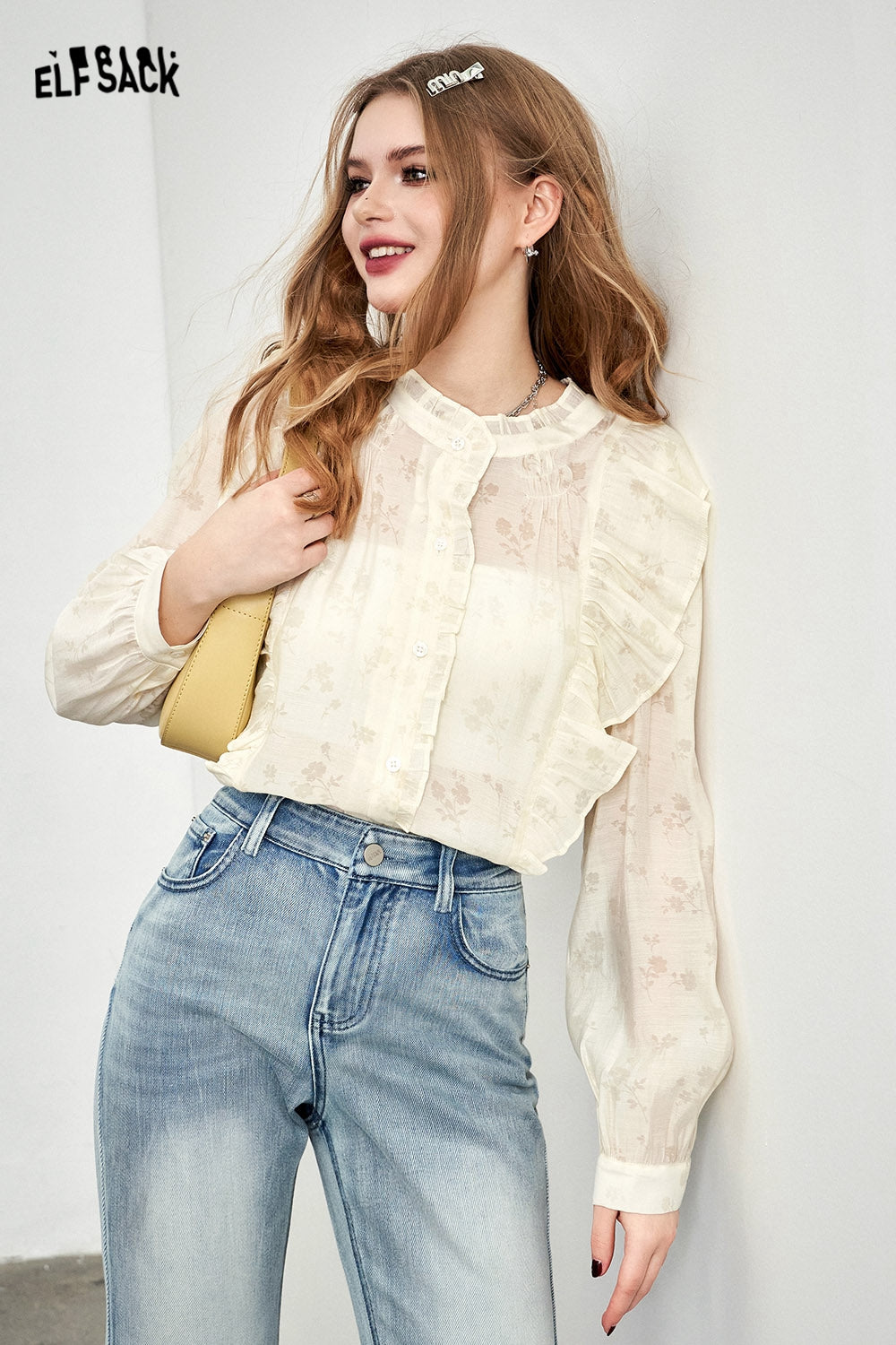 ELFSACK French Chiffon Lace Shirt's Spring Lantern Sleeve Mesh Top