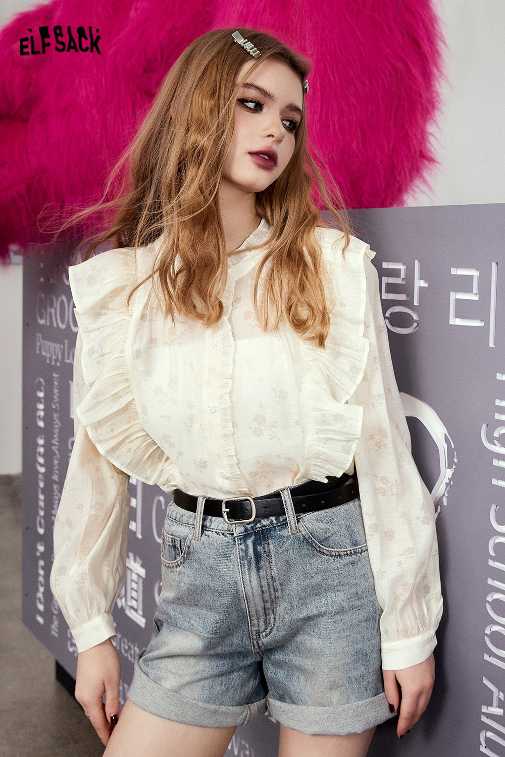 ELFSACK French Chiffon Lace Shirt's Spring Lantern Sleeve Mesh Top