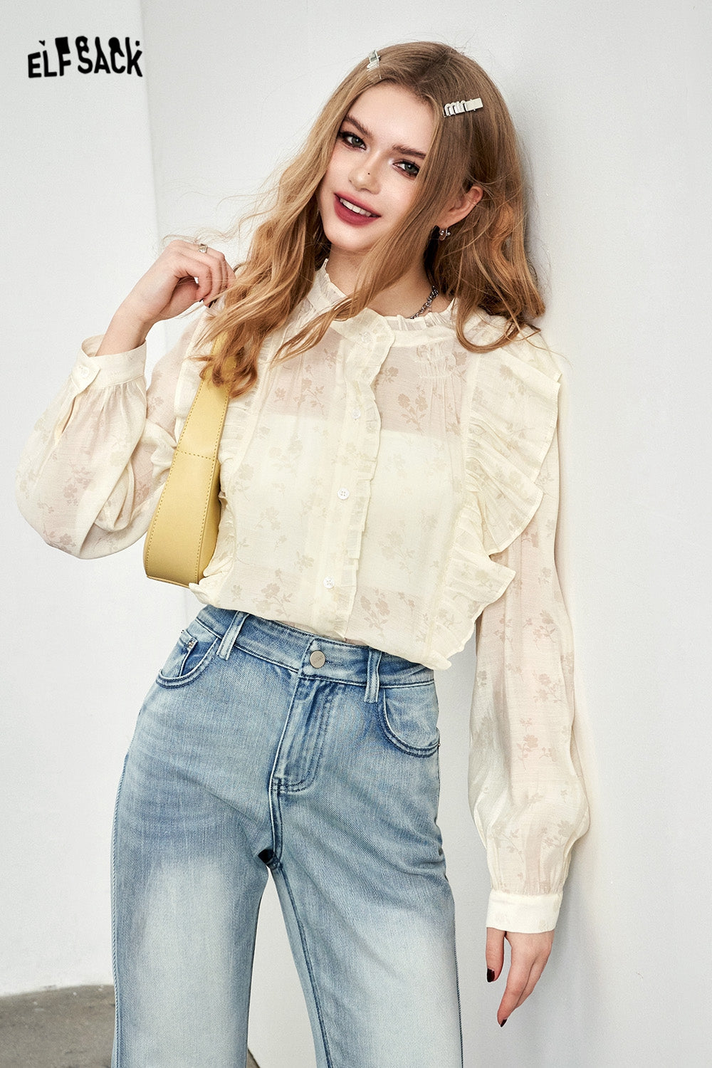 ELFSACK French Chiffon Lace Shirt's Spring Lantern Sleeve Mesh Top
