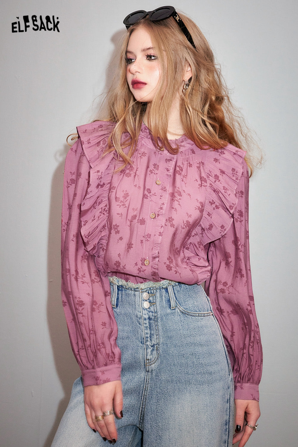 ELFSACK French Chiffon Lace Shirt's Spring Lantern Sleeve Mesh Top