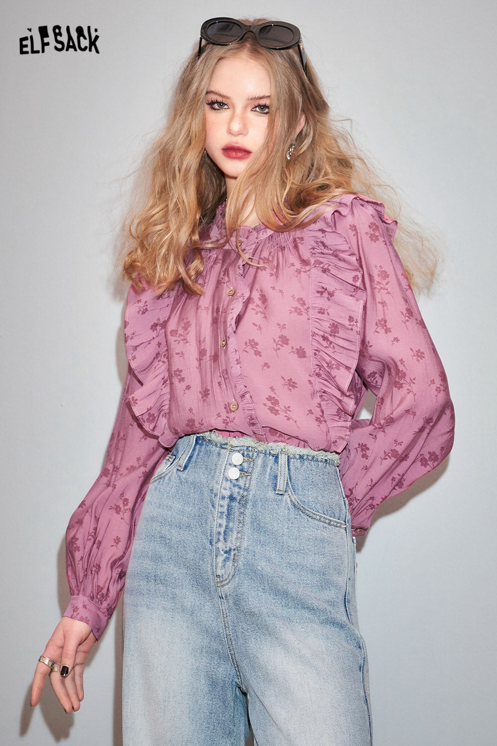 ELFSACK French Chiffon Lace Shirt's Spring Lantern Sleeve Mesh Top