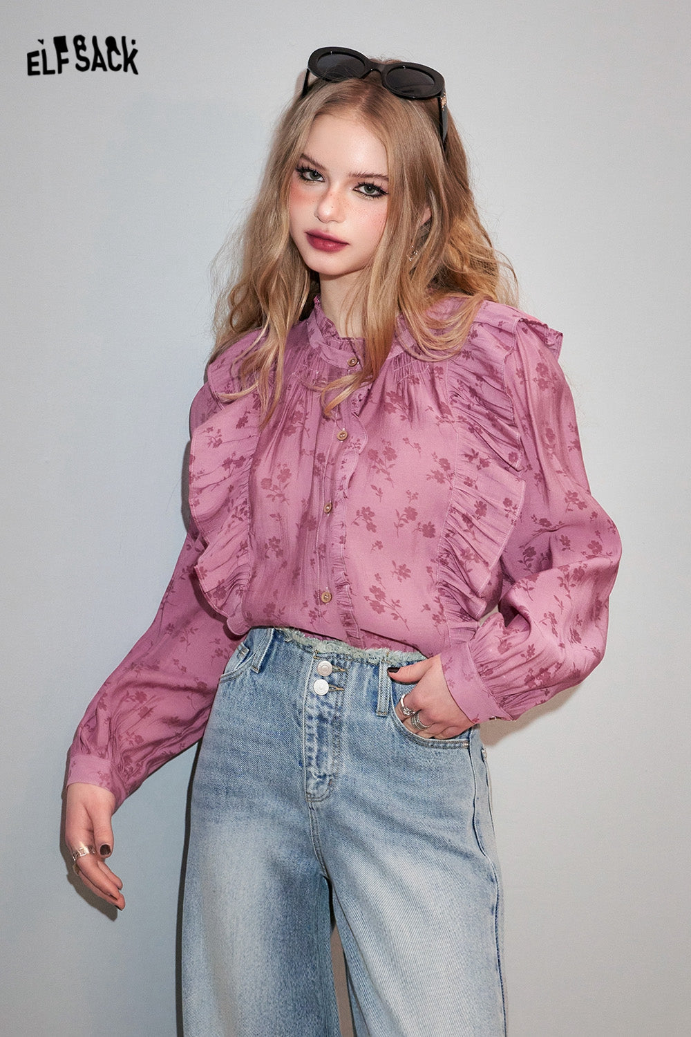 ELFSACK French Chiffon Lace Shirt's Spring Lantern Sleeve Mesh Top