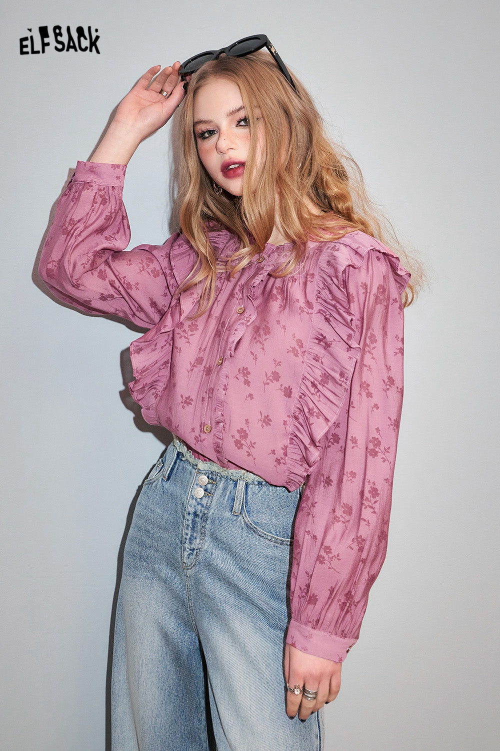 ELFSACK French Chiffon Lace Shirt's Spring Lantern Sleeve Mesh Top