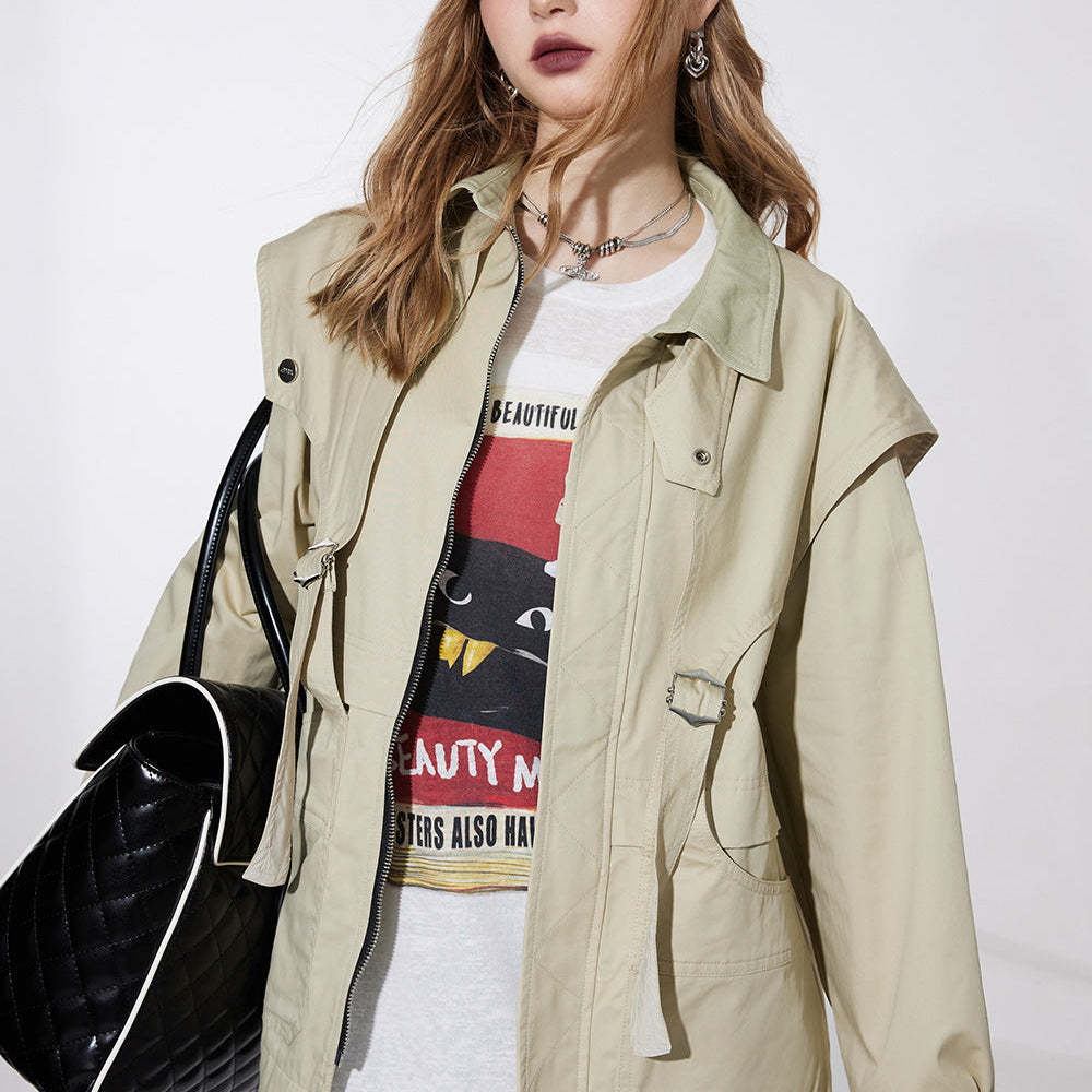 ELFSACK simple academic style casual coat workwear style for women 2024 spring new office style zipper cotton windbreak solid color mid long length coat