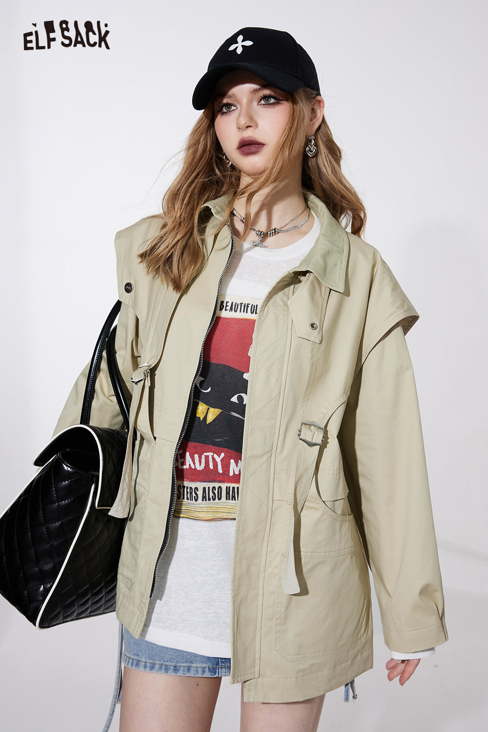 ELFSACK simple academic style casual coat workwear style for women 2024 spring new office style zipper cotton windbreak solid color mid long length coat