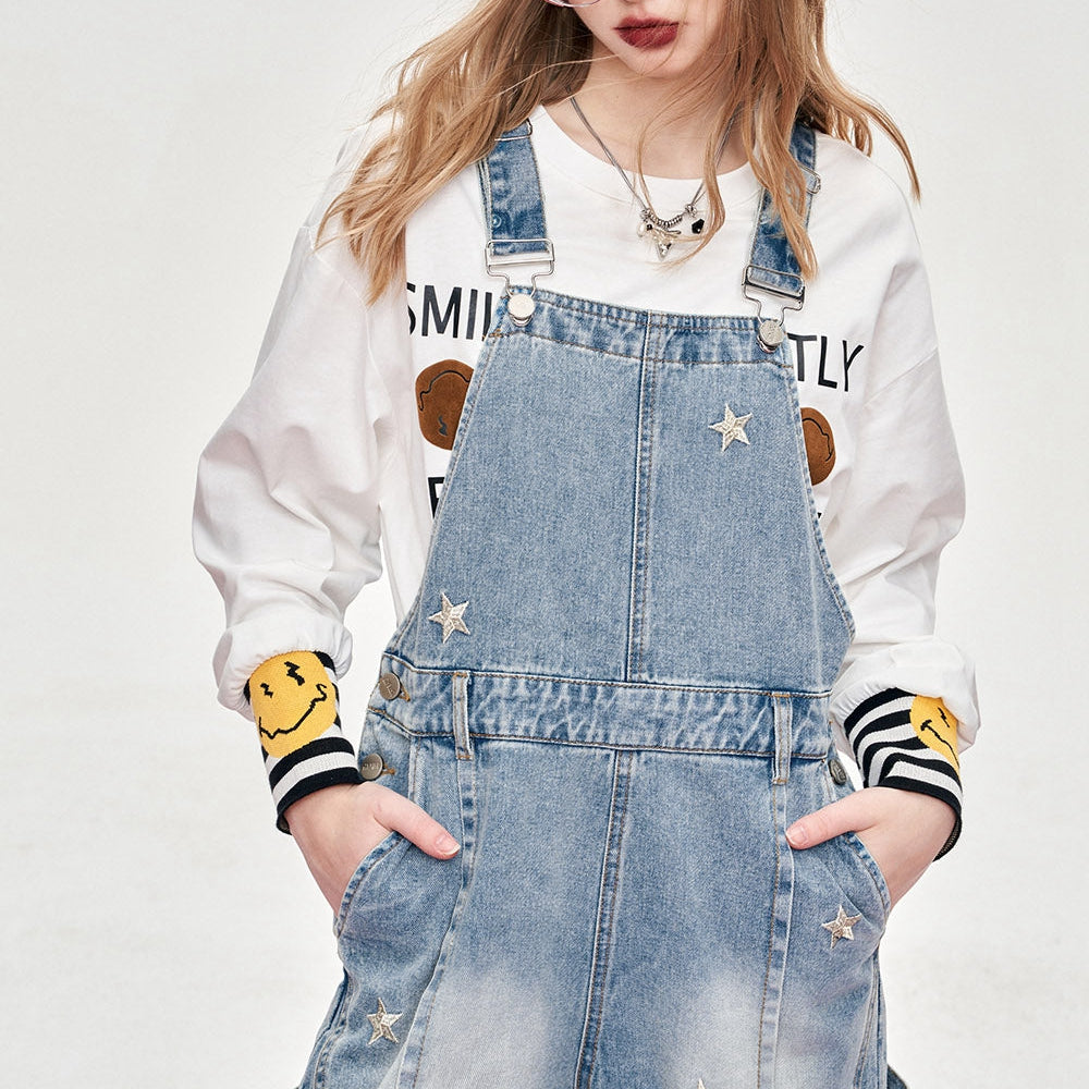 ELFSACK star embroidered light color jeans for women fit in spring long length overalls loose wide-leg vintage high-rise jeans