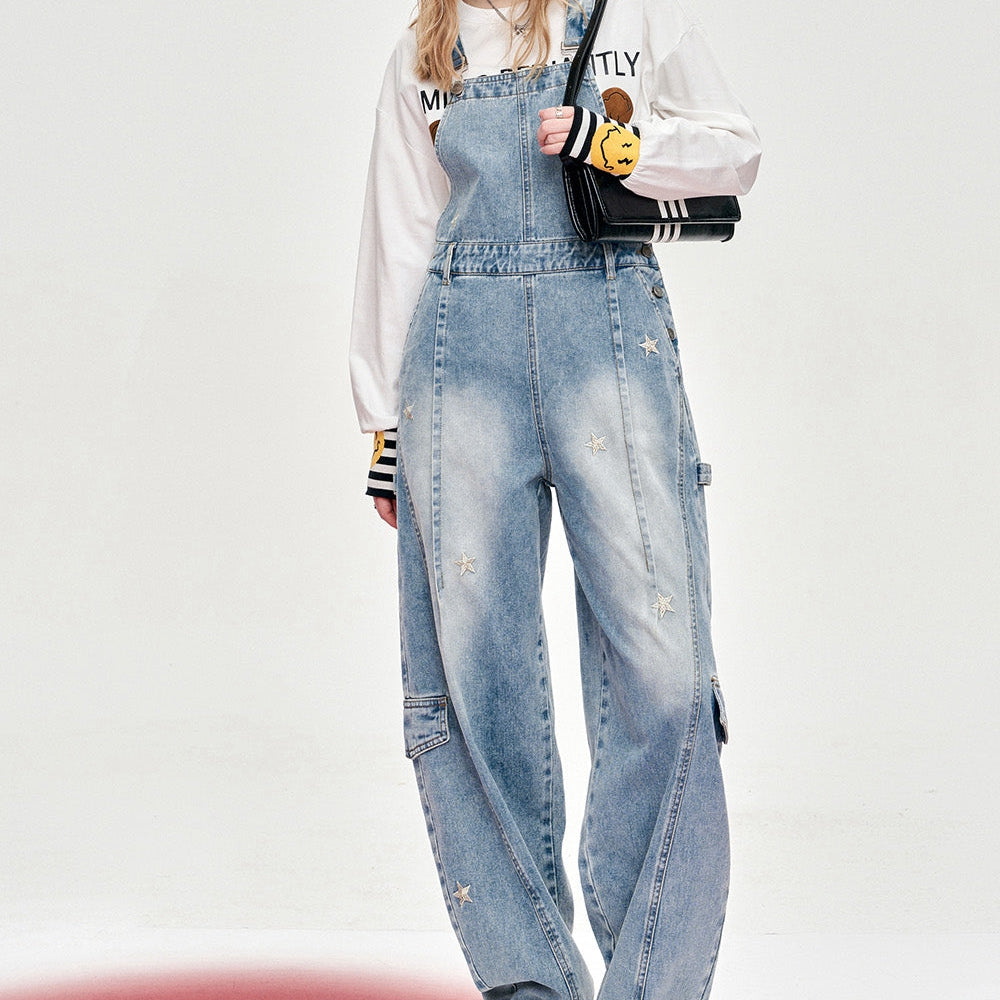 
                  
                    ELFSACK star embroidered light color jeans for women fit in spring long length overalls loose wide-leg vintage high-rise jeans
                  
                