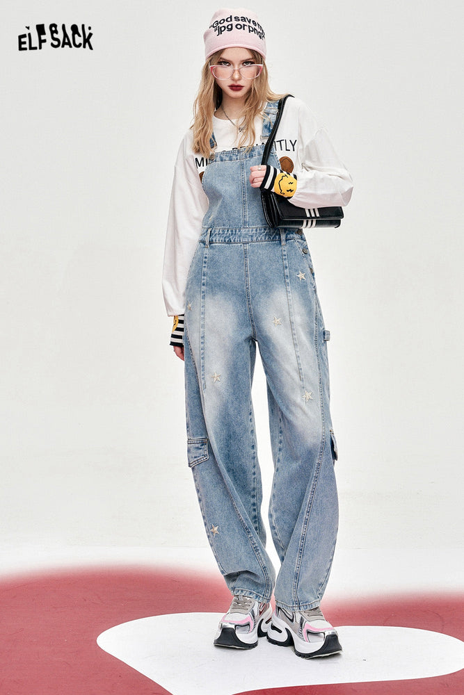 
                  
                    ELFSACK star embroidered light color jeans for women fit in spring long length overalls loose wide-leg vintage high-rise jeans
                  
                