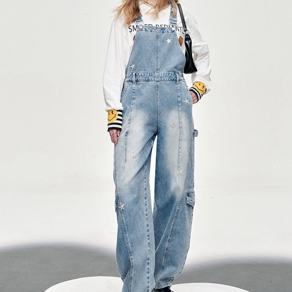 
                  
                    ELFSACK star embroidered light color jeans for women fit in spring long length overalls loose wide-leg vintage high-rise jeans
                  
                
