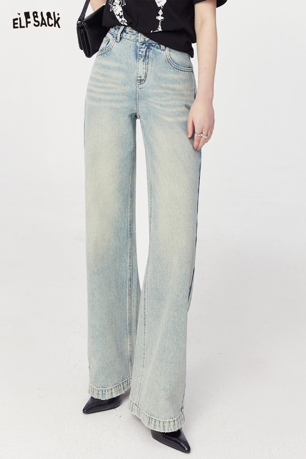 ELFSACK spring high rise thin straight leg jeans soft and comfort versatile long length jeans