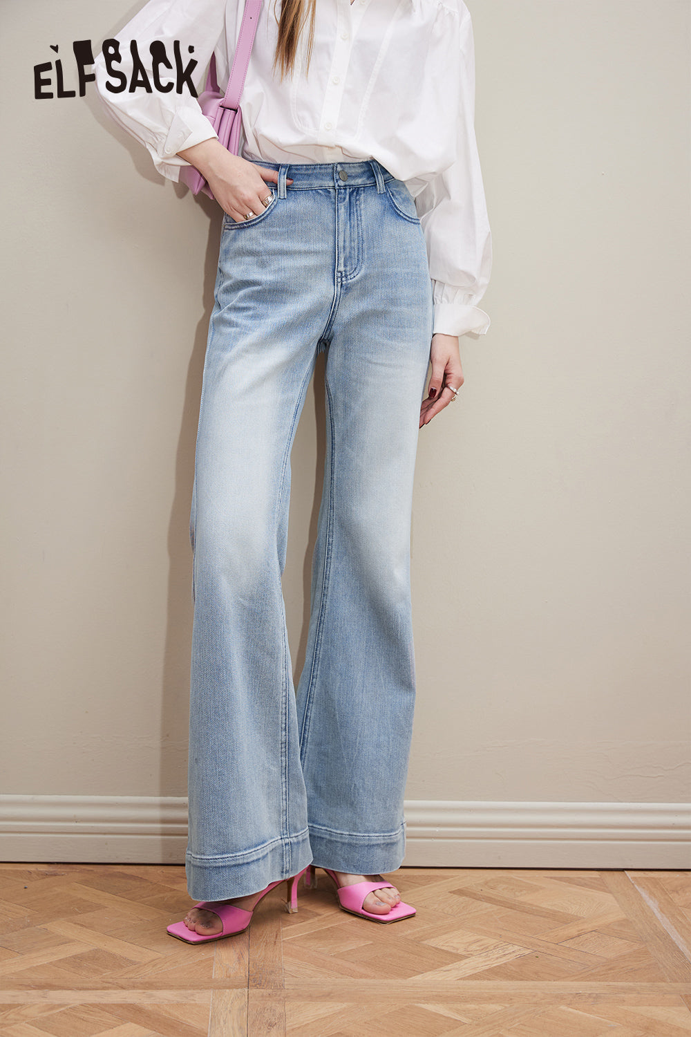 ELFSACK light color high-rise flare leg jeans for women vingtage loose thin long length jeans