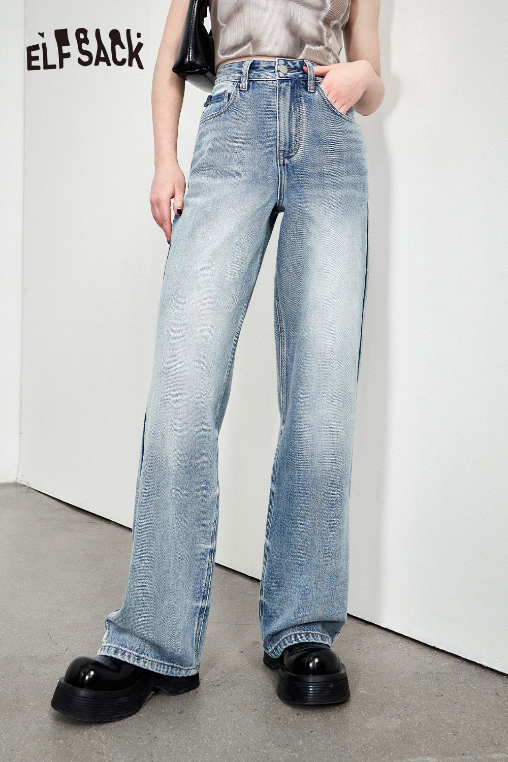 ELFSACK High waisted light colored straight leg jeans in spring, small stature slimming narrow version wide leg pants