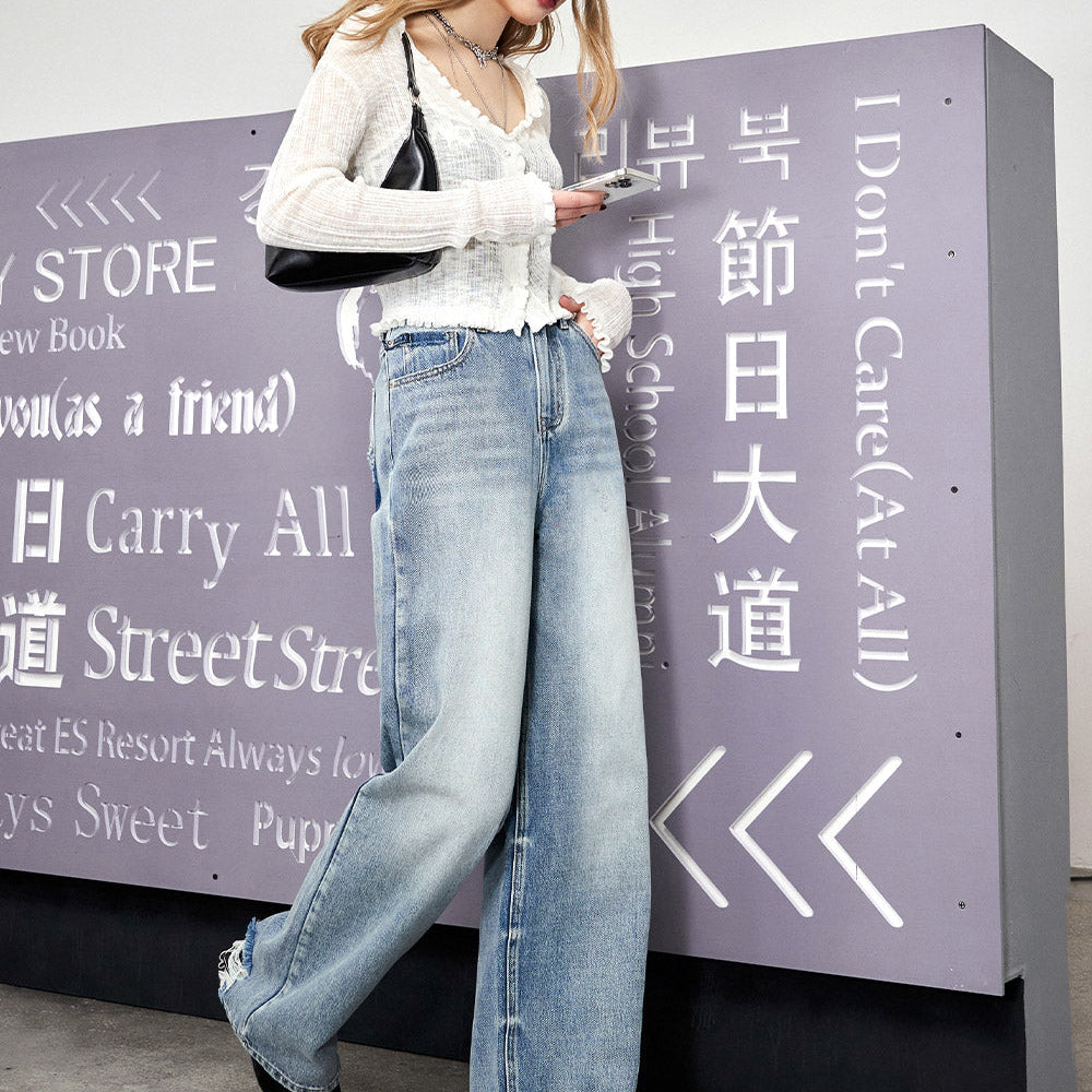 
                  
                    ELFSACK High waisted light colored straight leg jeans for women in spring 2024, small stature slimming narrow version wide leg pants
                  
                