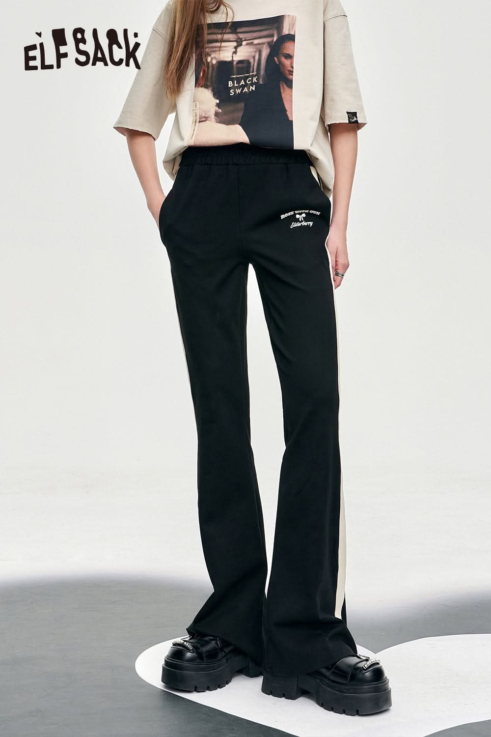 ELFSACK color block sports women's pants spring wide-leg casual cool bow alphabet printing pants