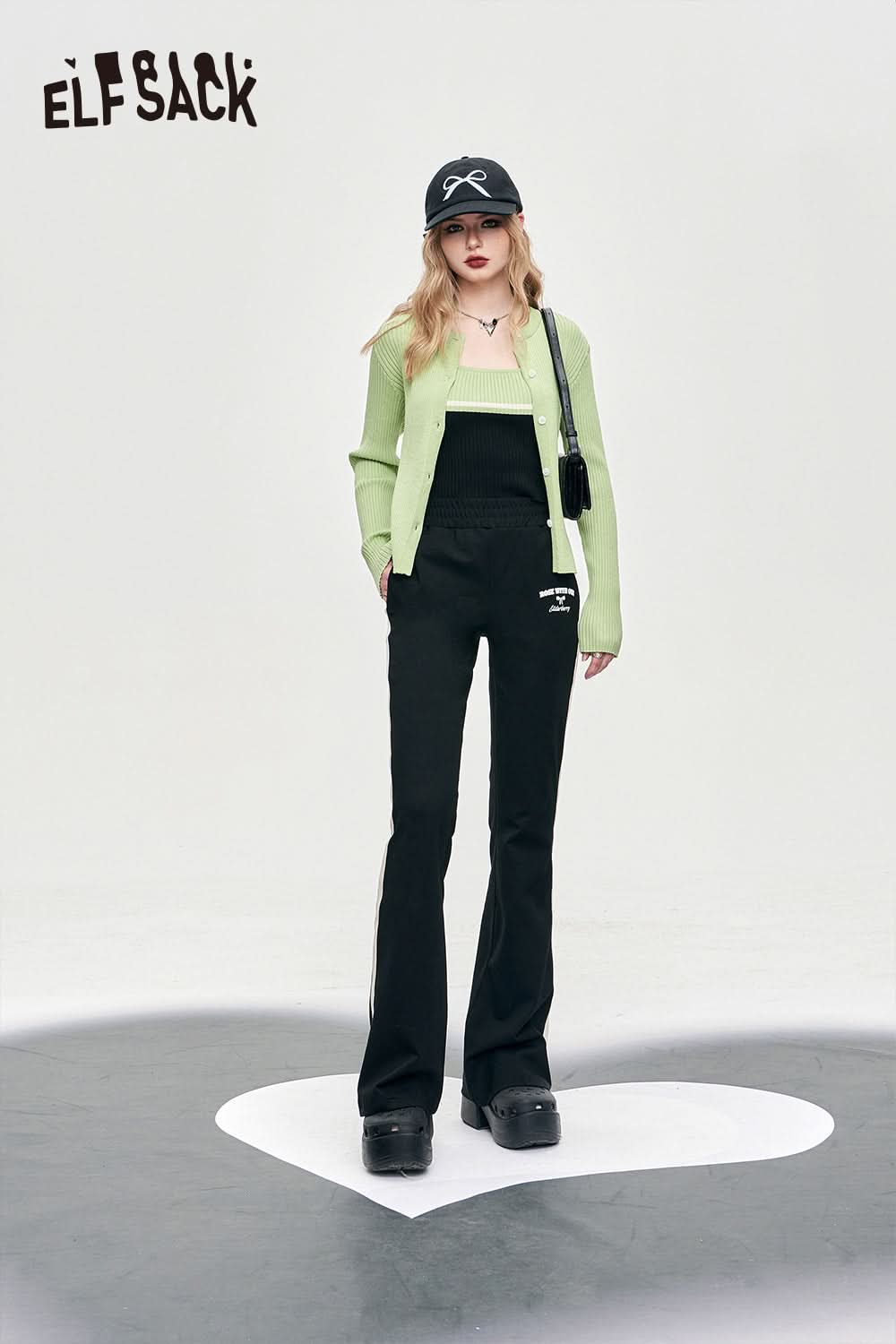 ELFSACK color block sports women's pants spring wide-leg casual cool bow alphabet printing pants