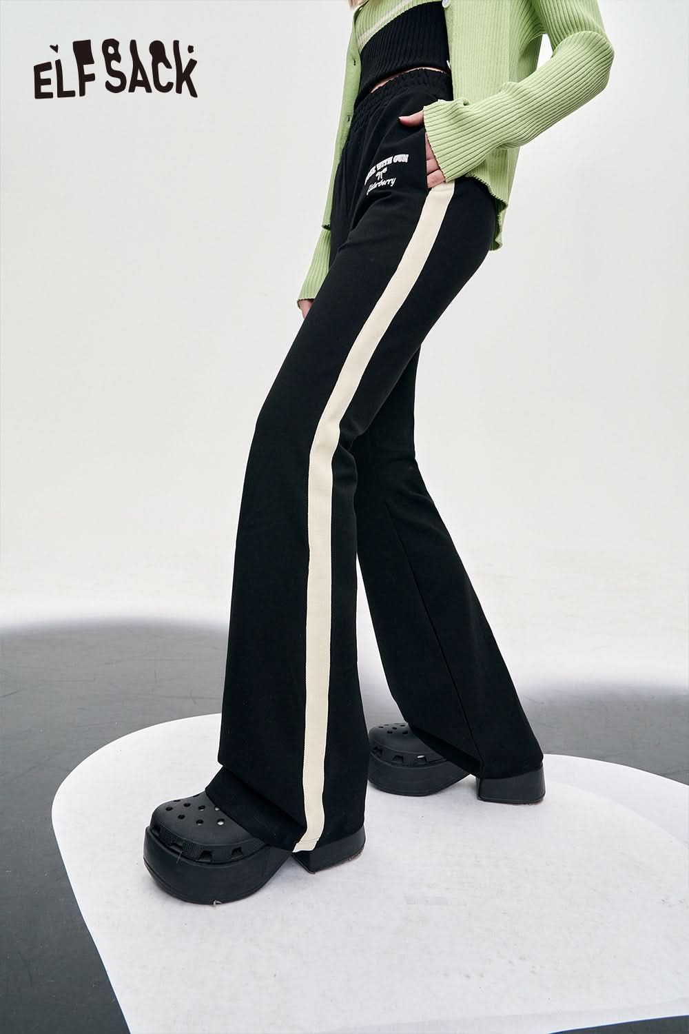 ELFSACK color block sports women's pants spring wide-leg casual cool bow alphabet printing pants