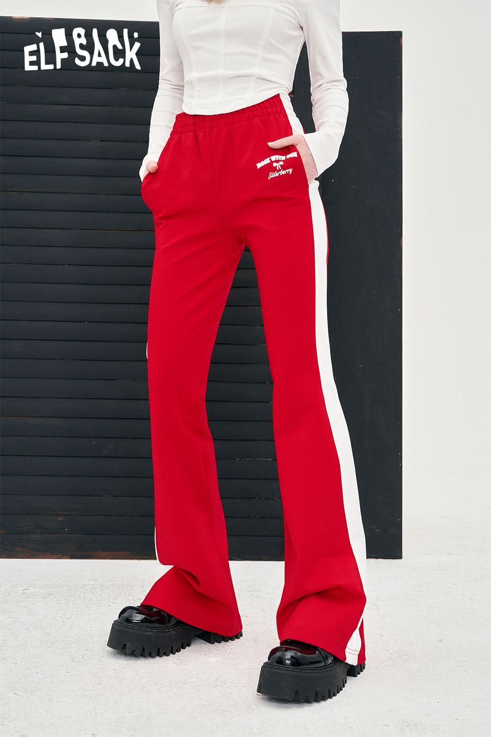 ELFSACK color block sports women's pants spring wide-leg casual cool bow alphabet printing pants