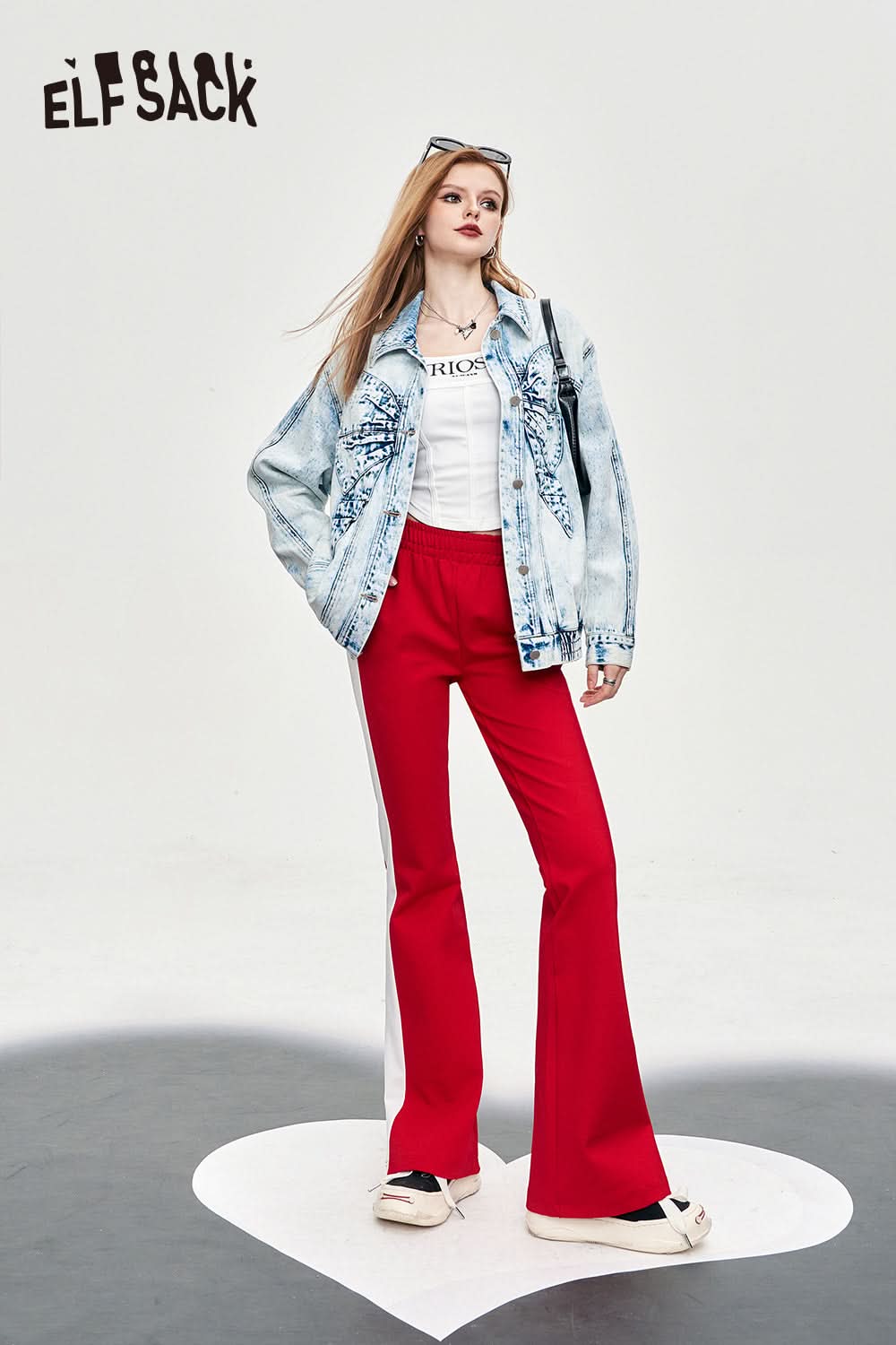 ELFSACK color block sports women's pants spring wide-leg casual cool bow alphabet printing pants