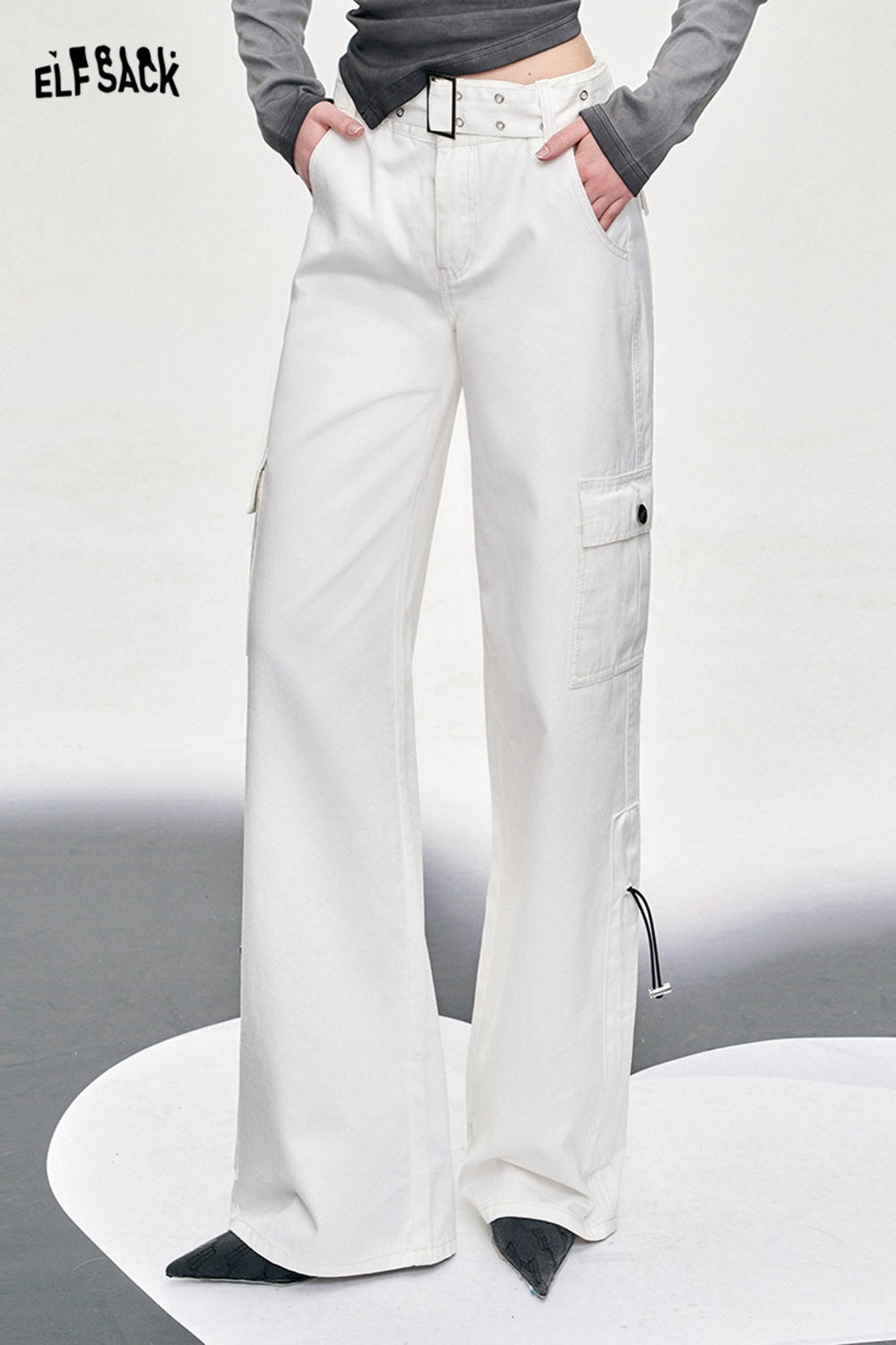 ELFSACK white workwear style wide leg pants for women versatile loose thin 2024 new long straight long pants