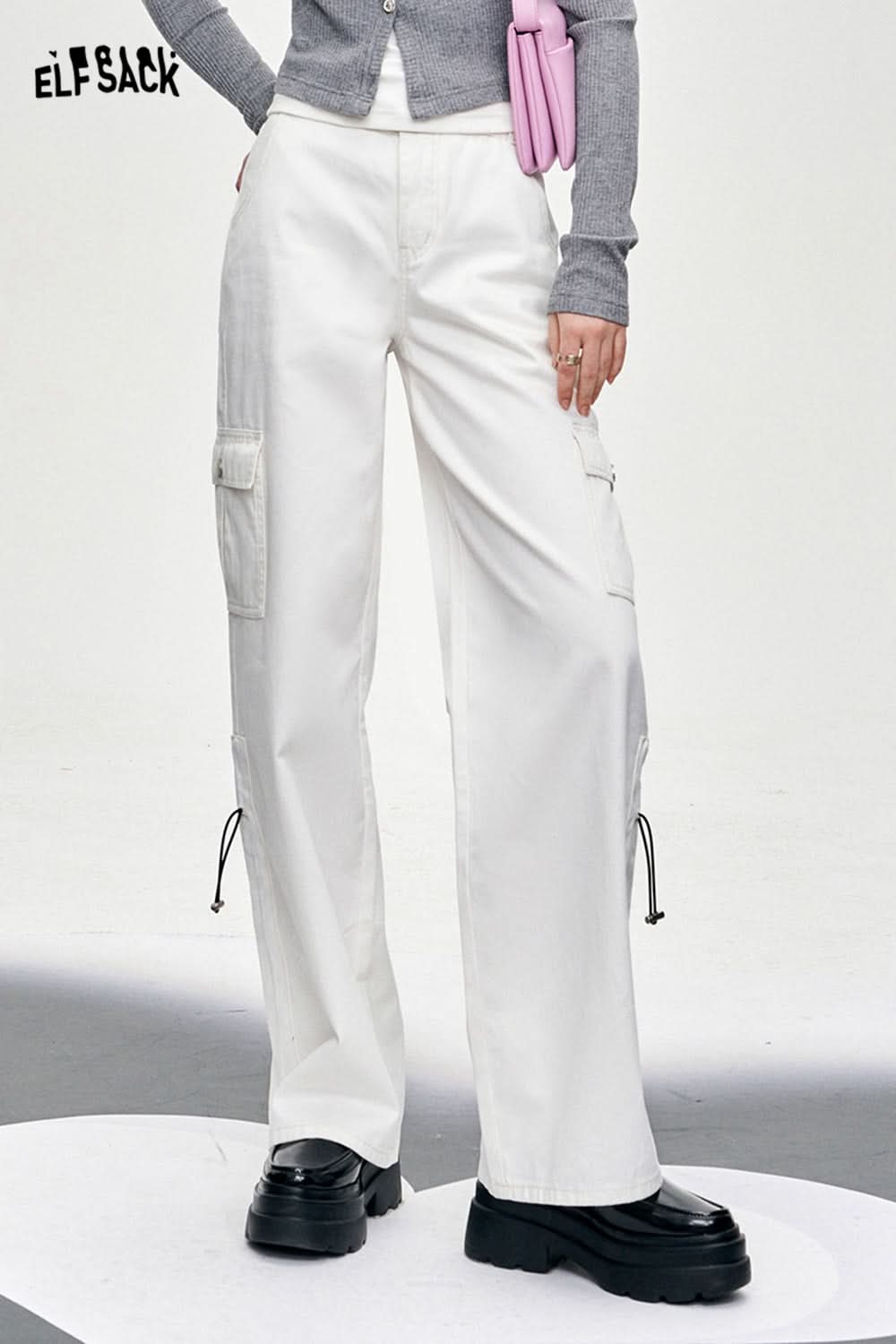 ELFSACK white workwear style wide leg pants versatile loose thin long straight long pants