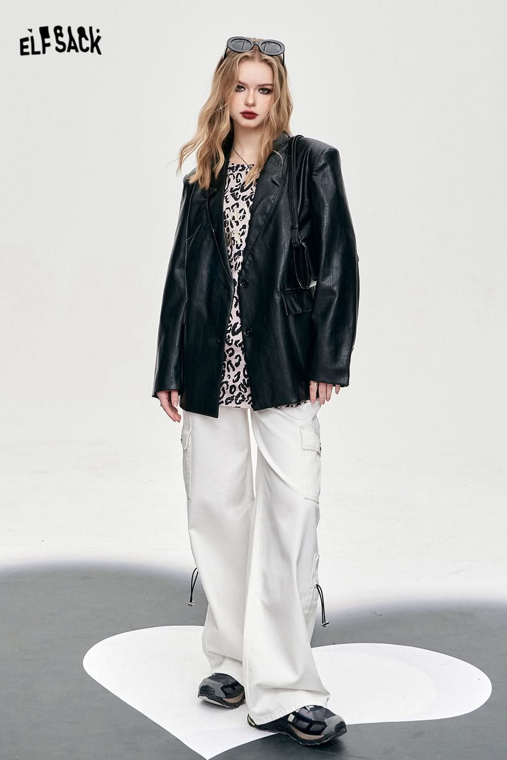 ELFSACK white workwear style wide leg pants versatile loose thin long straight long pants