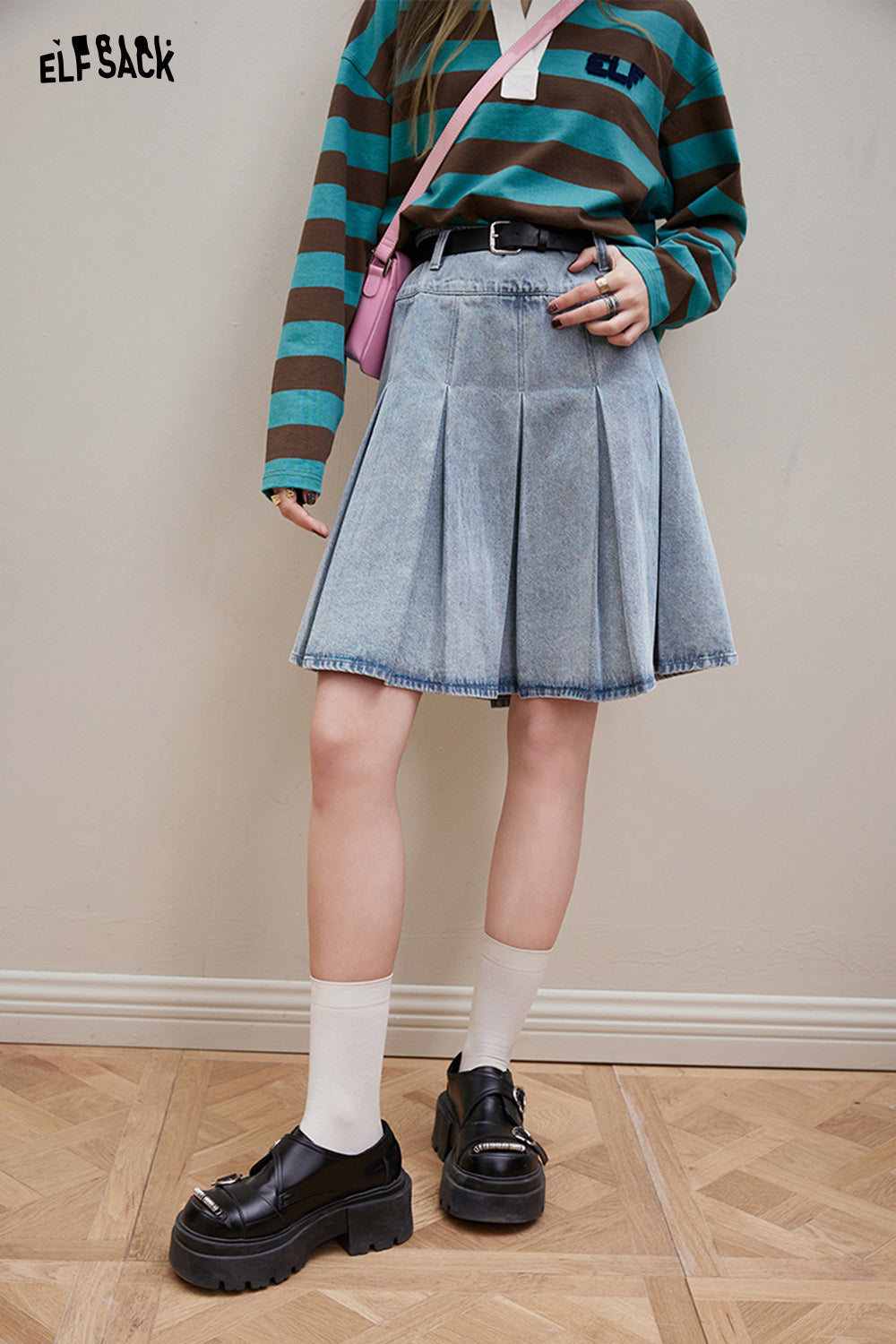ELFSACK [Free belt] High waisted denim pleated skirt's spring college versatile short skirt