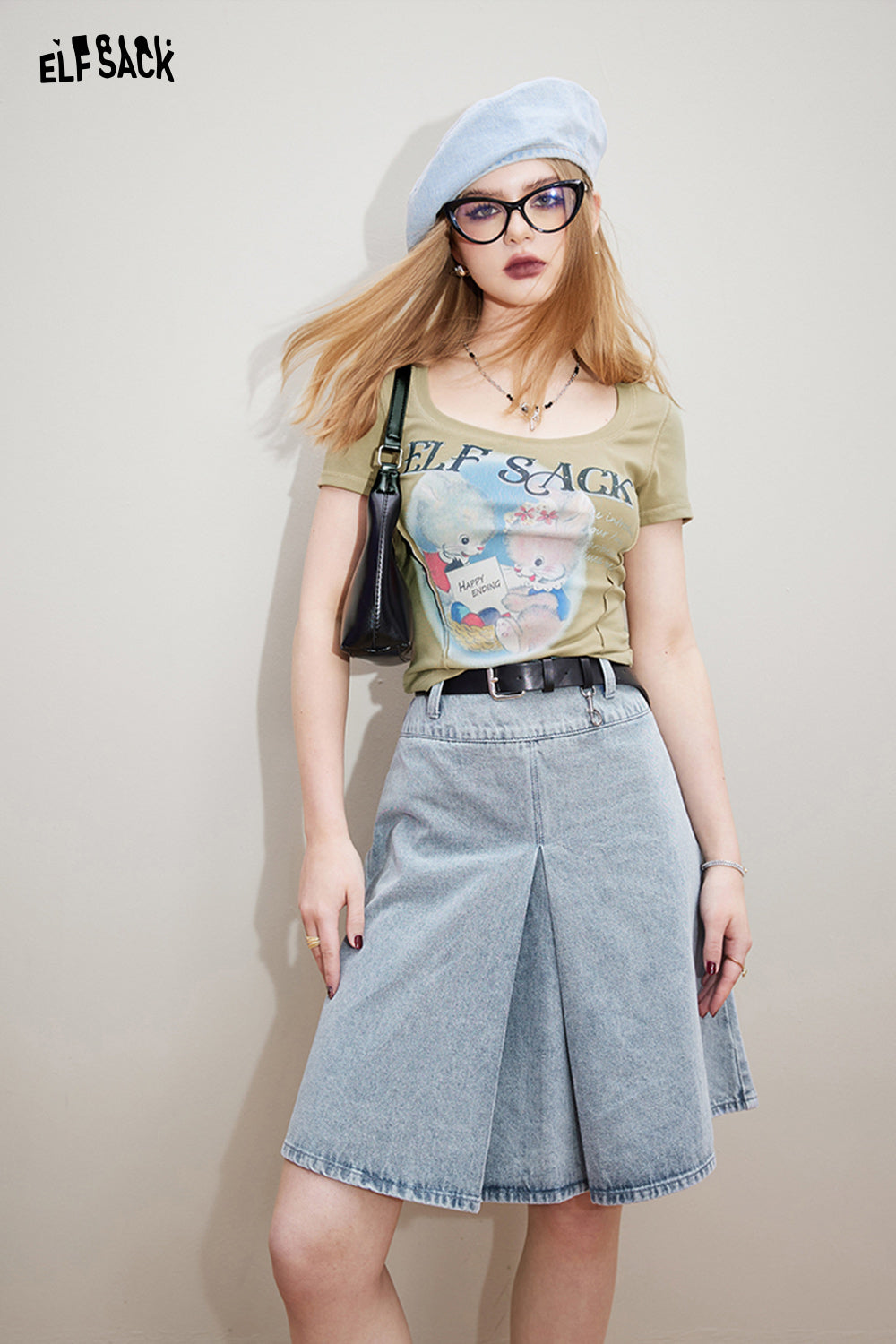ELFSACK [Free belt] High waisted denim pleated skirt's spring college versatile short skirt