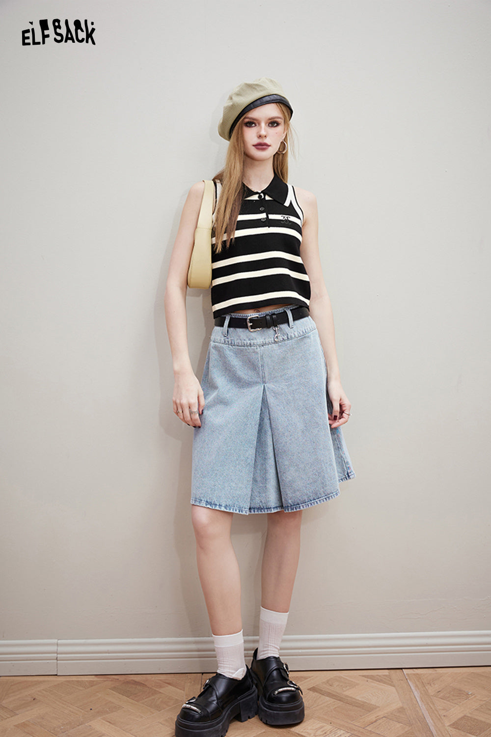 ELFSACK [Free belt] High waisted denim pleated skirt's spring college versatile short skirt