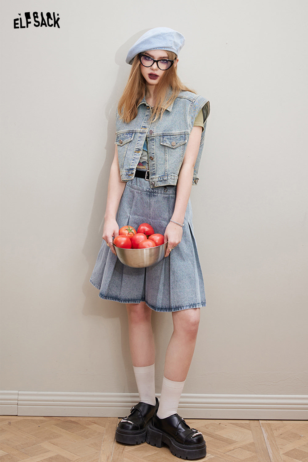 ELFSACK [Free belt] High waisted denim pleated skirt's spring college versatile short skirt
