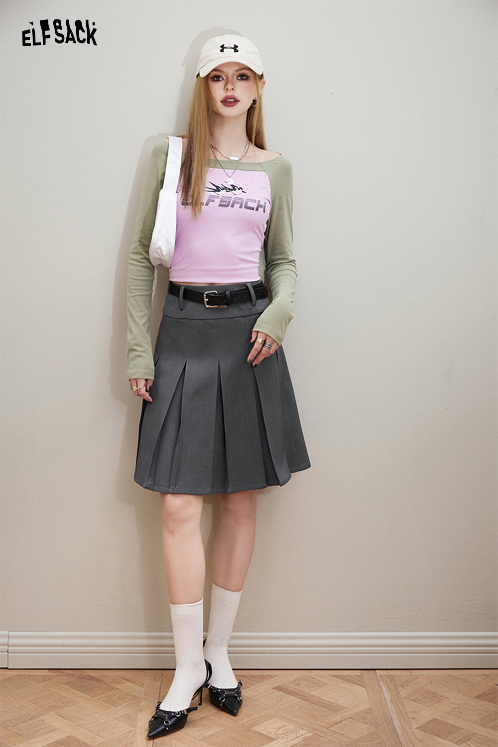 ELFSACK [Free belt] High waisted denim pleated skirt's spring college versatile short skirt