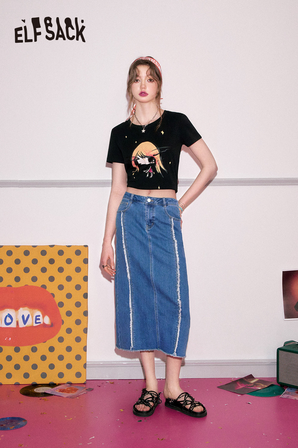 ELFSACK Raw edge splicing high waisted denim skirt's spring popular casual slimming A-line skirt
