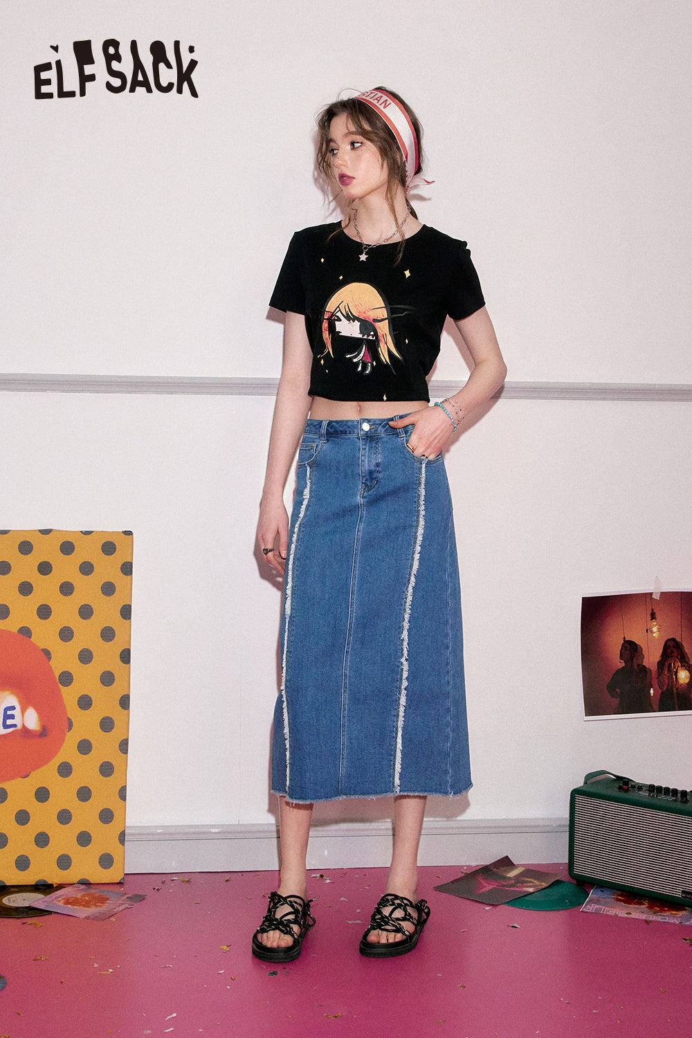 ELFSACK Raw edge splicing high waisted denim skirt's spring popular casual slimming A-line skirt